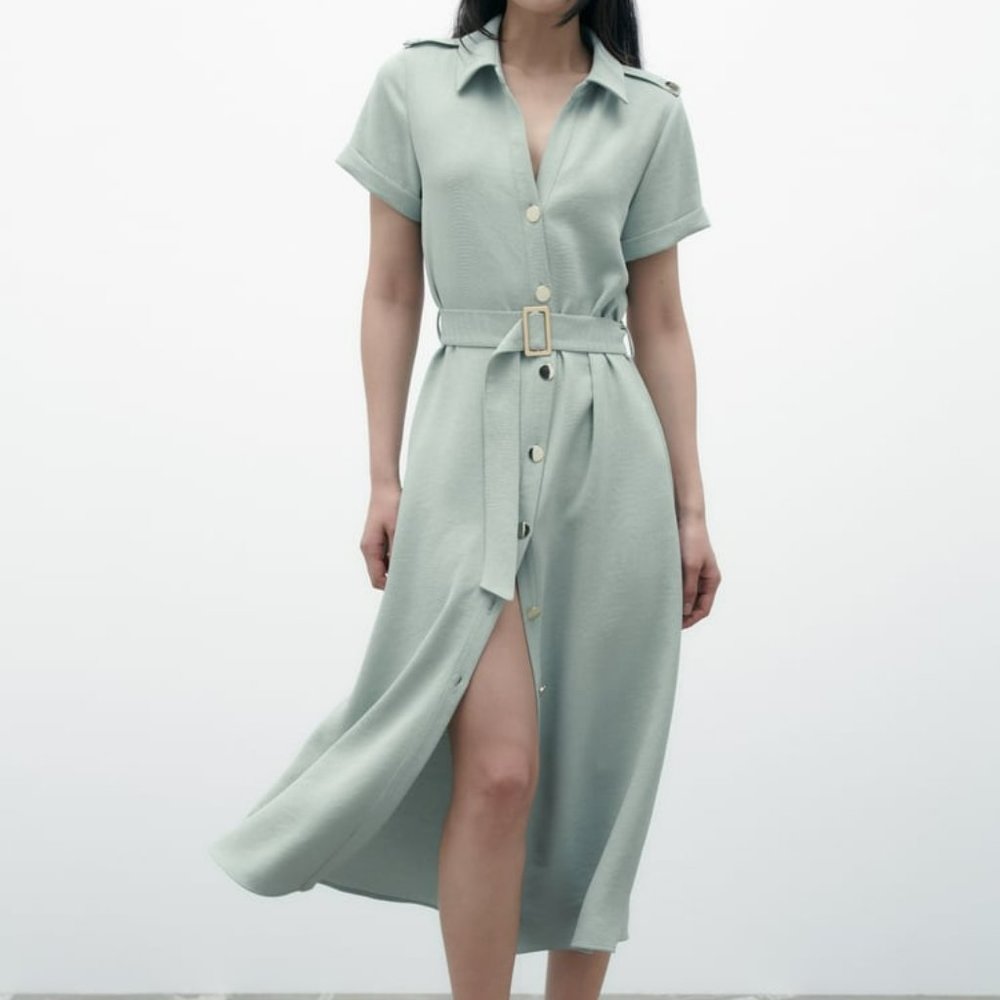 Zara Sage Green Button-Front Midi Shirt Dress